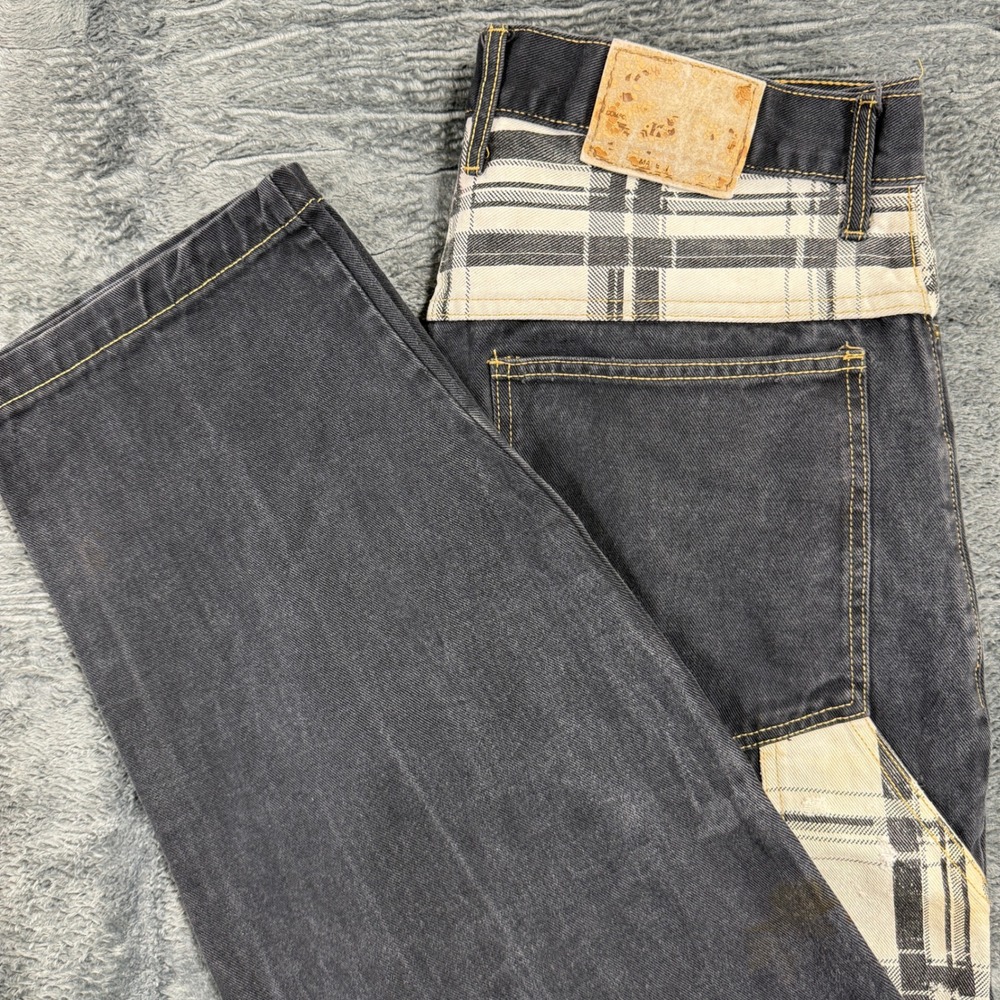 American K Jeans Carpenter Pants Men 40 Black Fair Plaid Contrast Distressed USA